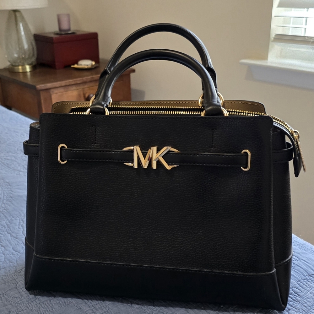 Michael Kors Black Leather Satchel with Gold MK Logo